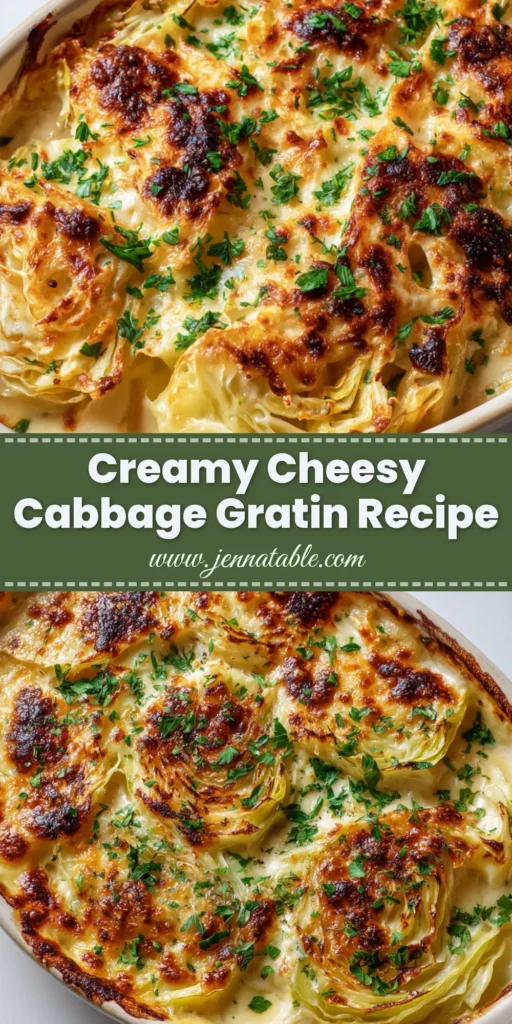 A close-up view of a freshly baked cheesy cabbage gratin in an oval ceramic casserole dish, featuring golden-brown gruyere cheese and green parsley.