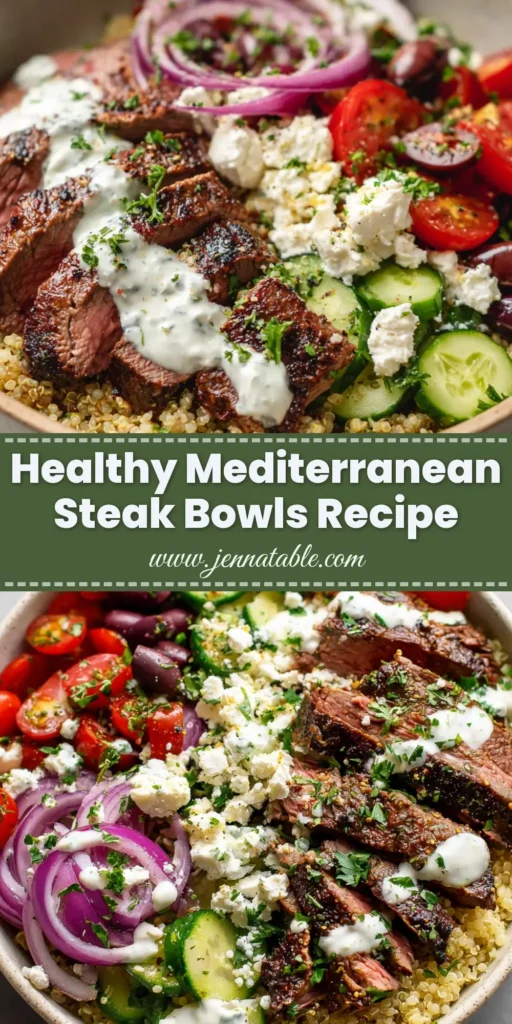 A vibrant Mediterranean steak bowl in a shallow ceramic bowl with fluffy quinoa, seared sliced flank steak, cherry tomatoes, cucumbers, olives, and feta, drizzled with tzatziki.