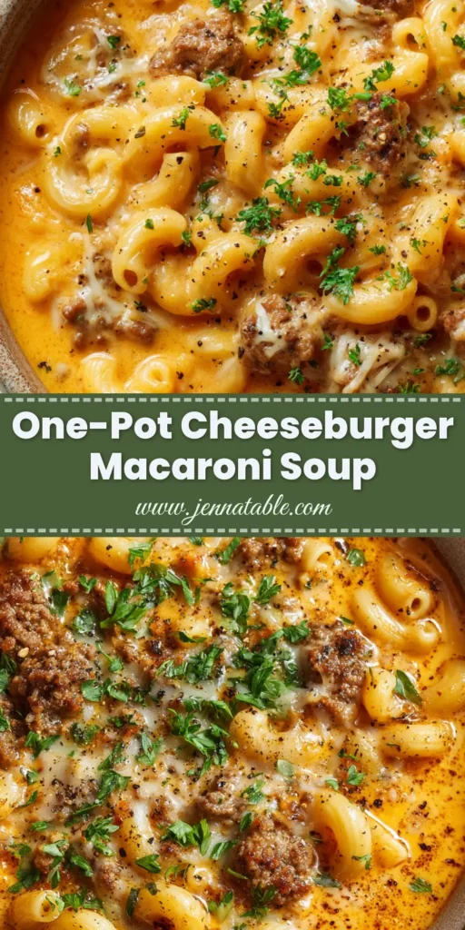 A rustic ceramic bowl filled with thick, velvety Cheeseburger Macaroni Soup, featuring tender curved macaroni, caramelized beef chunks, melted cheese swirls, and fresh parsley.