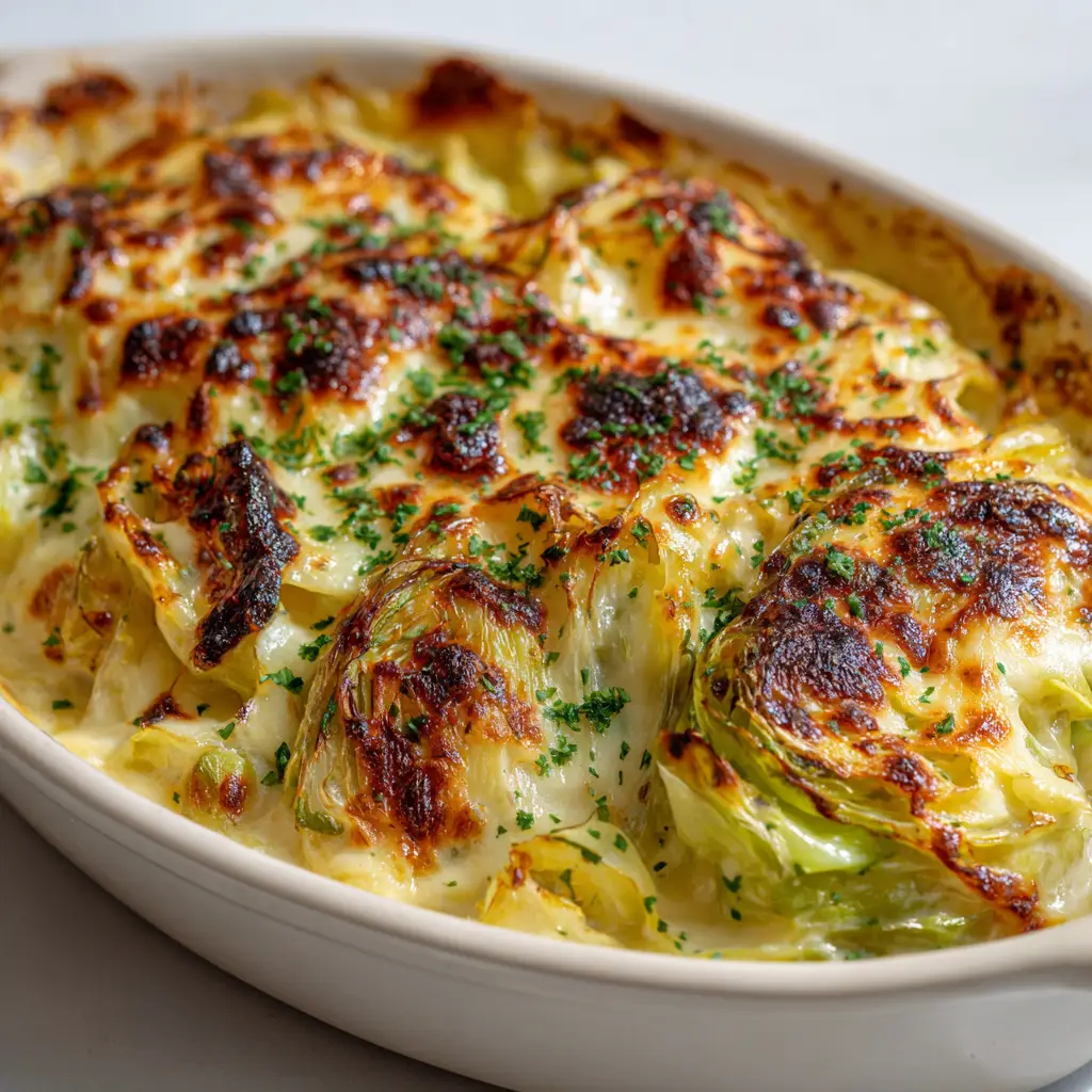 Melted, bubbling golden-brown gruyere cheese with crispy, dark charred edges covering tender cabbage strips.