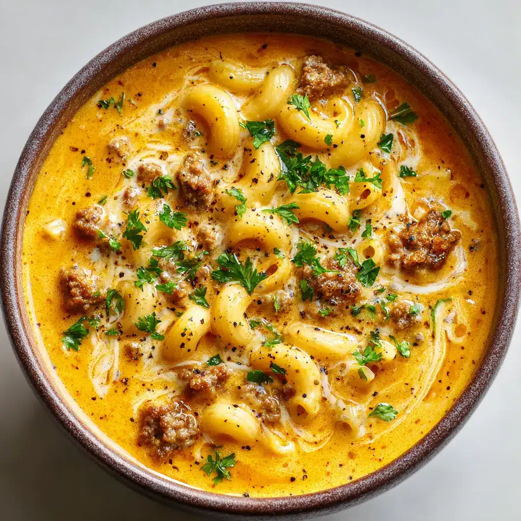 Top-down view of Cheeseburger Macaroni Soup showcasing its vibrant orange-yellow cheddar cheese broth and browned savory ground beef.