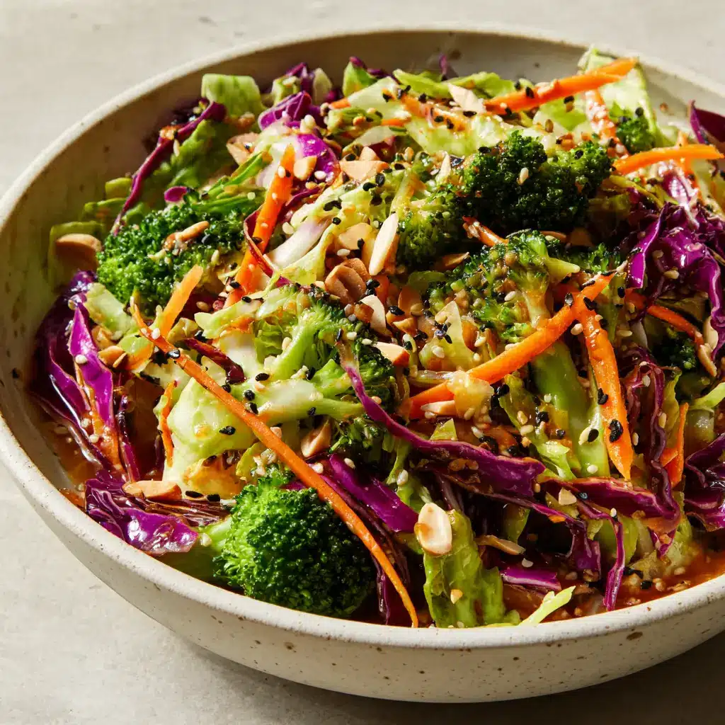 Top-down view of Asian Cabbage Salad glistening with golden-brown dressing and sprinkled with scallions and sesame seeds.