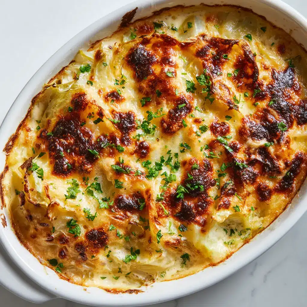 Finely chopped fresh green parsley flakes scattered across a glossy melted cheese crust of a cabbage gratin.