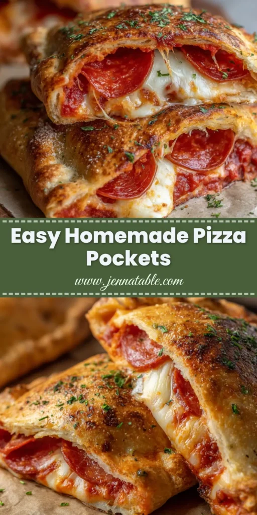 A close-up of freshly baked homemade pizza pockets cut in half, revealing stretchy melted mozzarella, pepperoni, and tomato sauce inside a golden blistered crust.