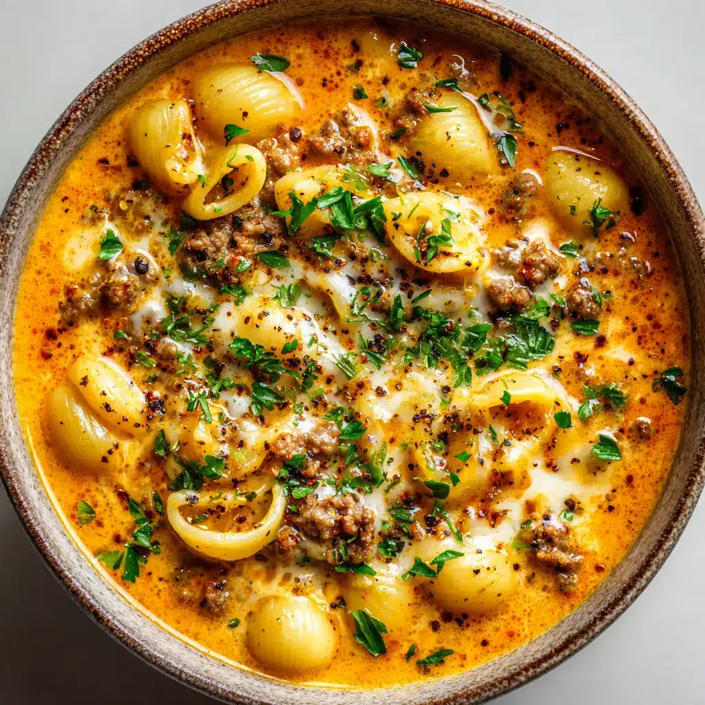 Close up of Cheeseburger Macaroni Soup garnished with cracked black pepper and finely chopped green parsley flakes.