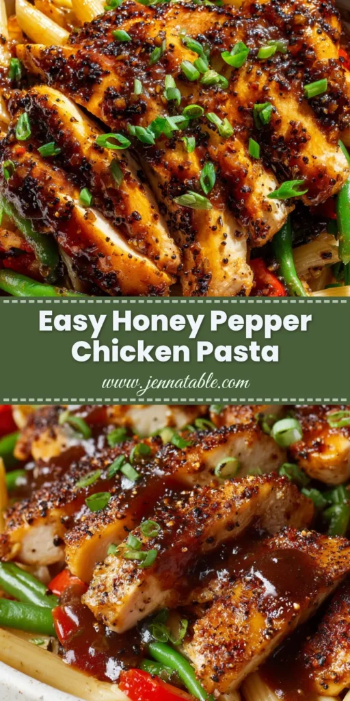 A close-up of Honey Pepper Chicken Pasta with seared chicken breast chunks coated in a glossy amber glaze, served with sauteed veggies over penne.