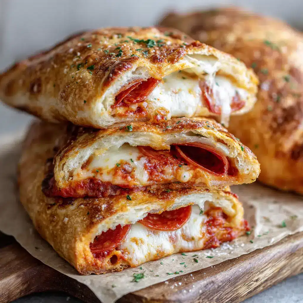 Freshly baked homemade pizza pockets resting on unbleached parchment paper over a rustic wooden cutting board, glazed and sprinkled with parsley and oregano.