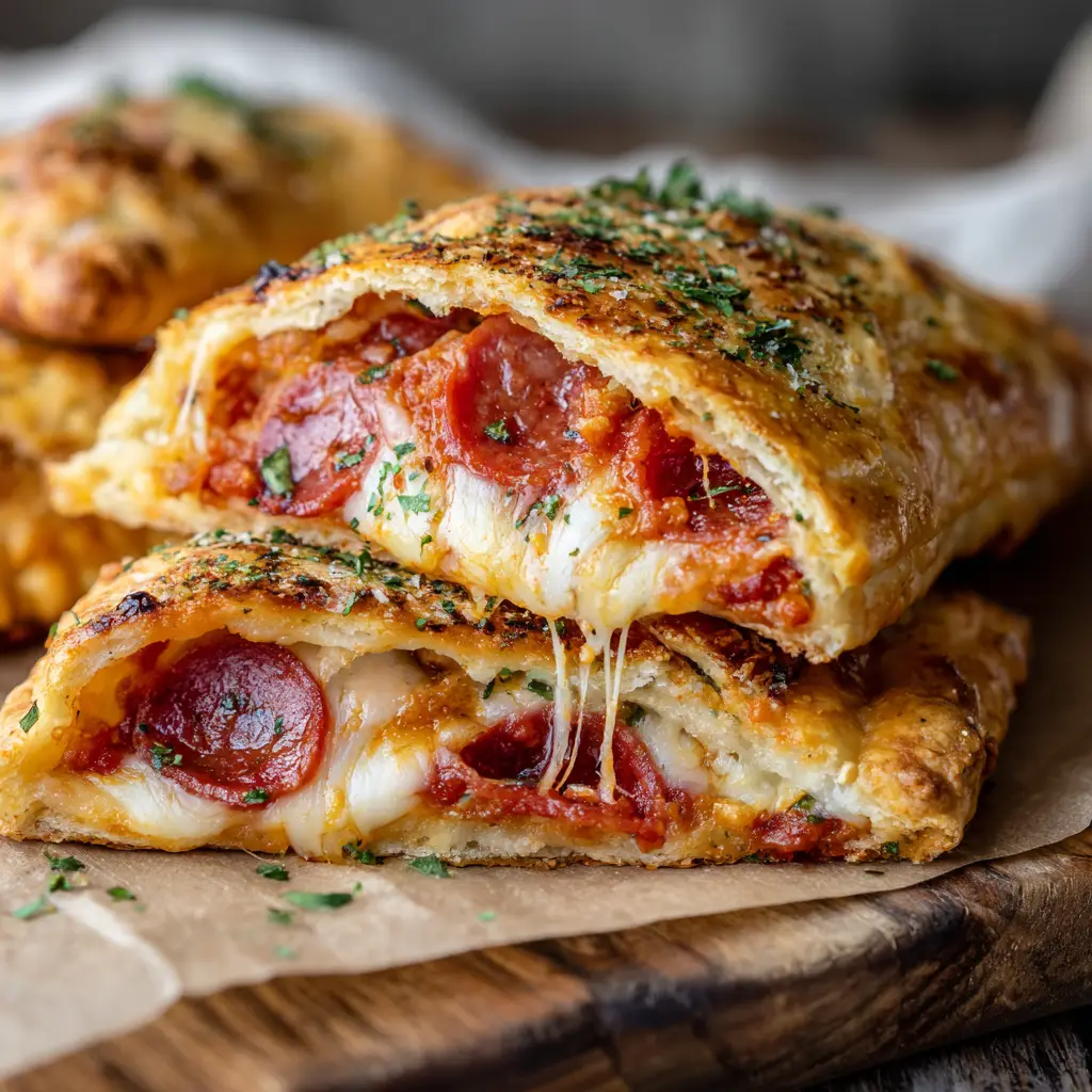 Close up shot of thick red tomato sauce, melted mozzarella cheese, and sliced pepperoni inside a baked pizza dough pocket.