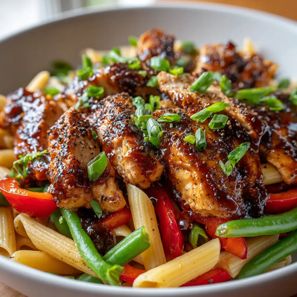 Honey Pepper Chicken Pasta in a shallow white ceramic bowl with diced red bell peppers, green beans, and glossy amber sauce.