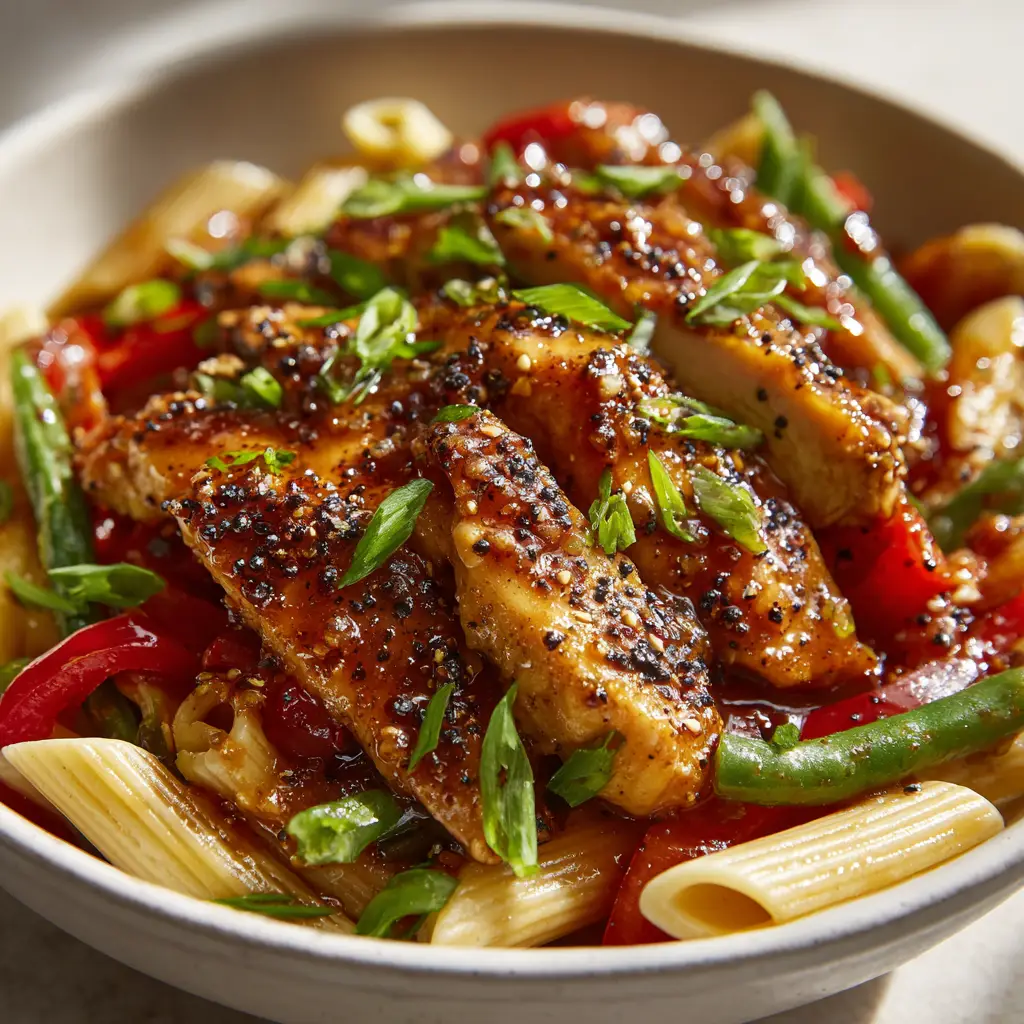 Top down view of Honey Pepper Chicken Pasta garnished with coarse black pepper specks and freshly chopped green onions.