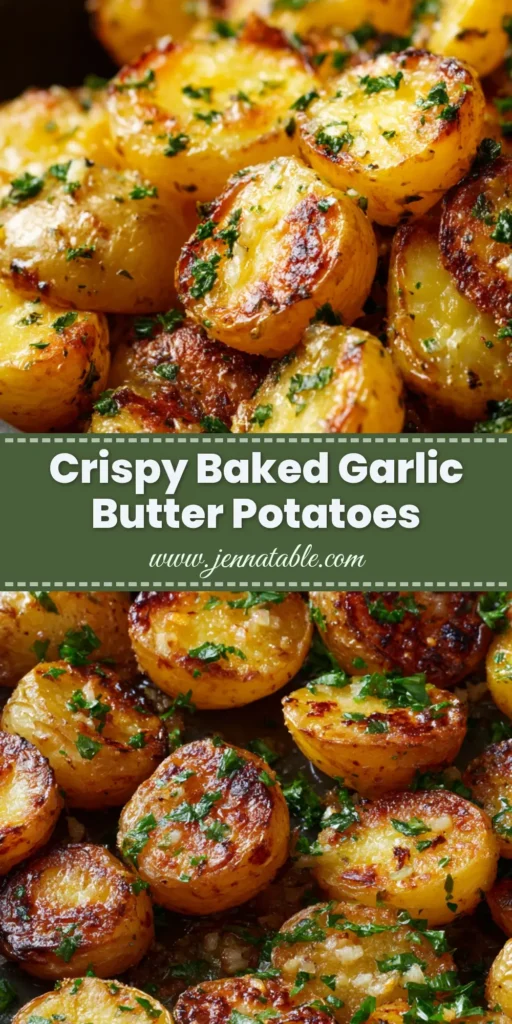 A close-up view of Baked Garlic Butter Potatoes roasted to a golden-brown crisp, glistening with melted butter and fresh parsley in a dark matte baking dish.