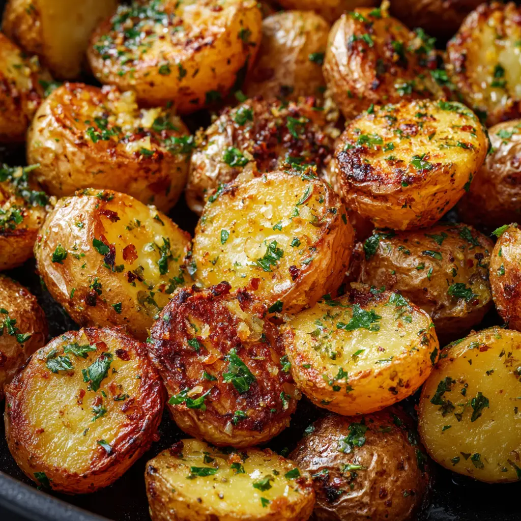 Close up of tender, fluffy centers inside crispy Baked Garlic Butter Potatoes garnished with green parsley.