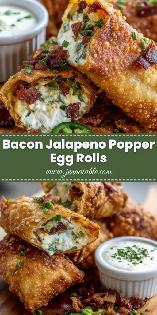 The Ultimate Bacon Jalapeno Popper Egg Rolls 4 A wooden cutting board displaying golden brown, blistered Bacon Jalapeno Popper Egg Rolls cut diagonally to show a gooey cream cheese and bacon filling.