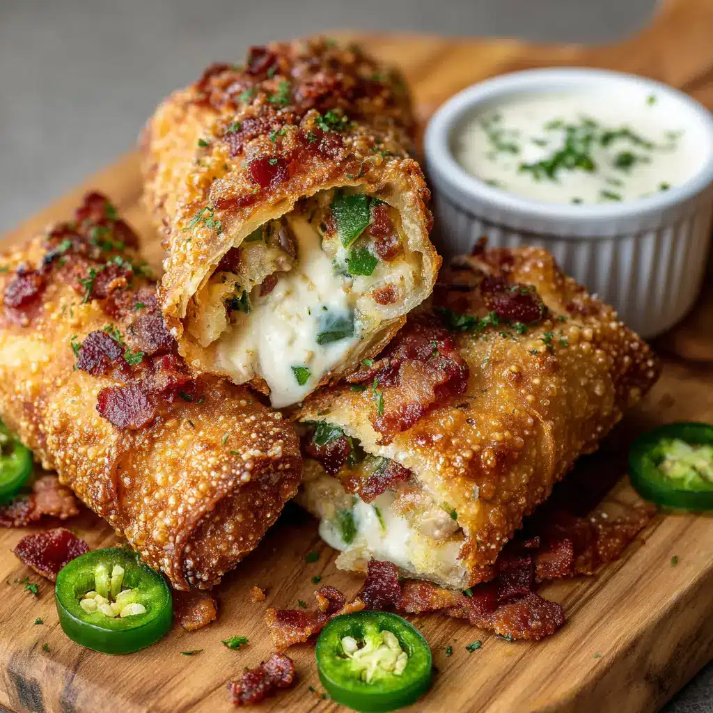 Close-up of deep-fried Bacon Jalapeno Popper Egg Rolls revealing a thick gooey white cream cheese and green jalapeno core.