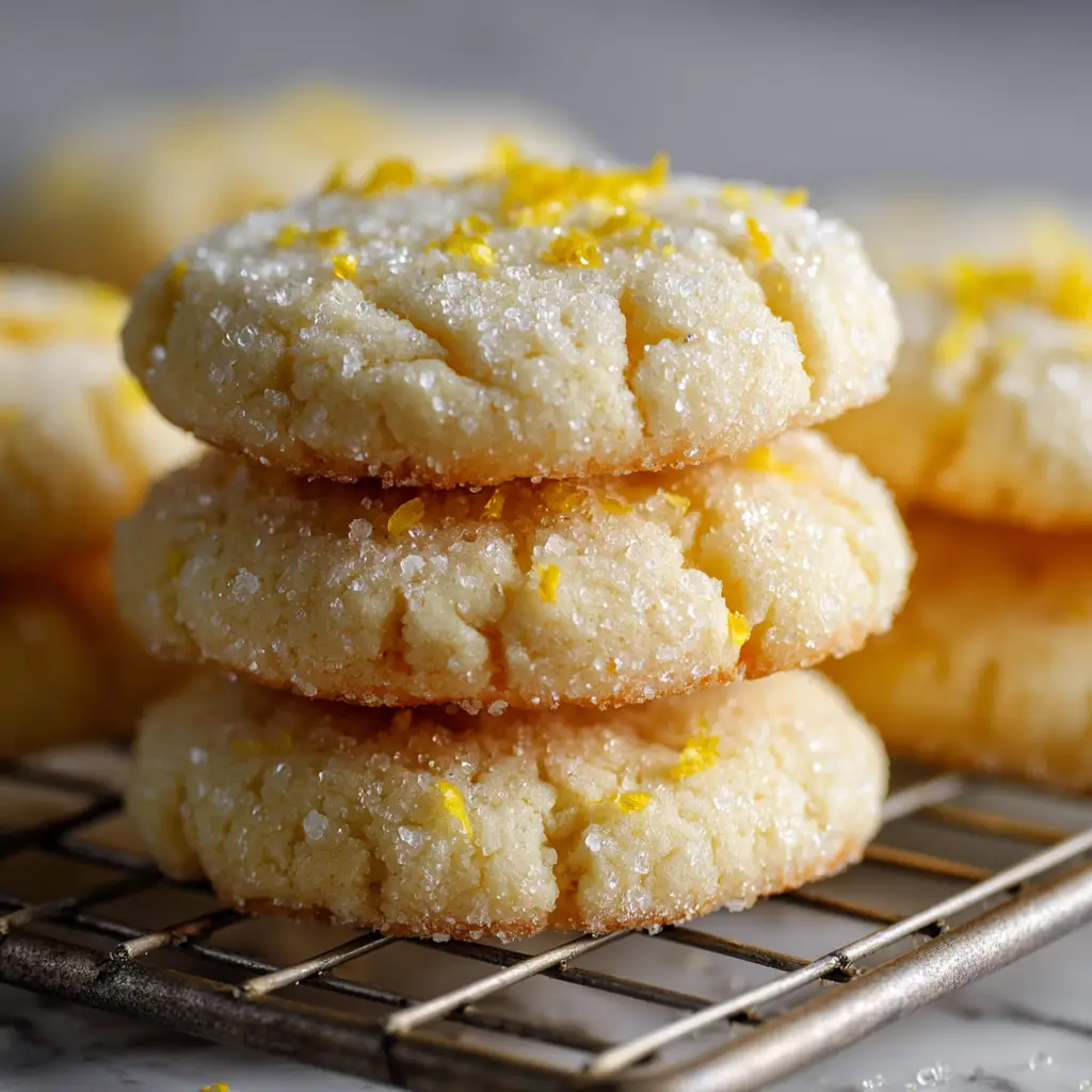 Fresh baked lemon sugar cookies with a crackly top crust resting on a silver wire cooling rack.