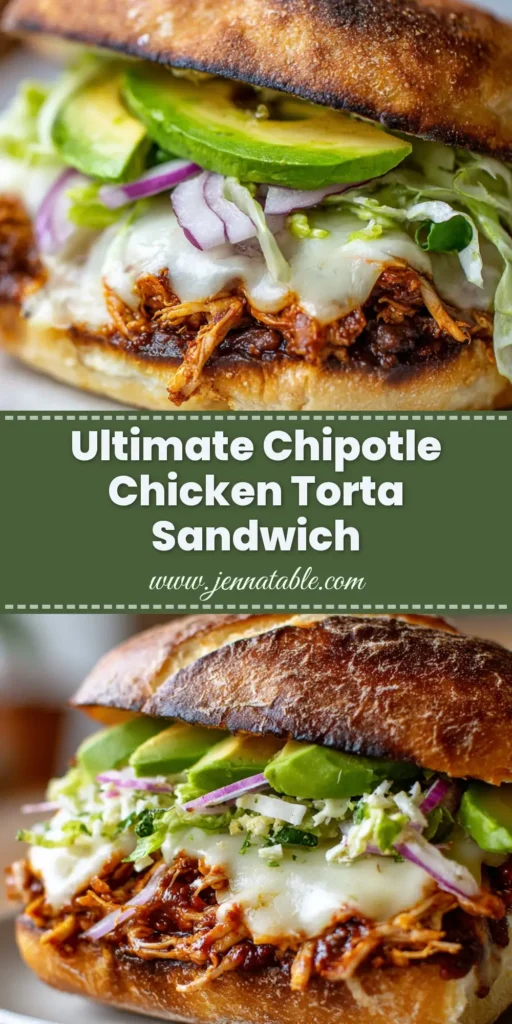 A massive chicken torta sandwich featuring shredded smoky chipotle chicken, melted glossy white Oaxaca cheese, crisp lettuce, avocado, and purple onion on a toasted bolillo roll.