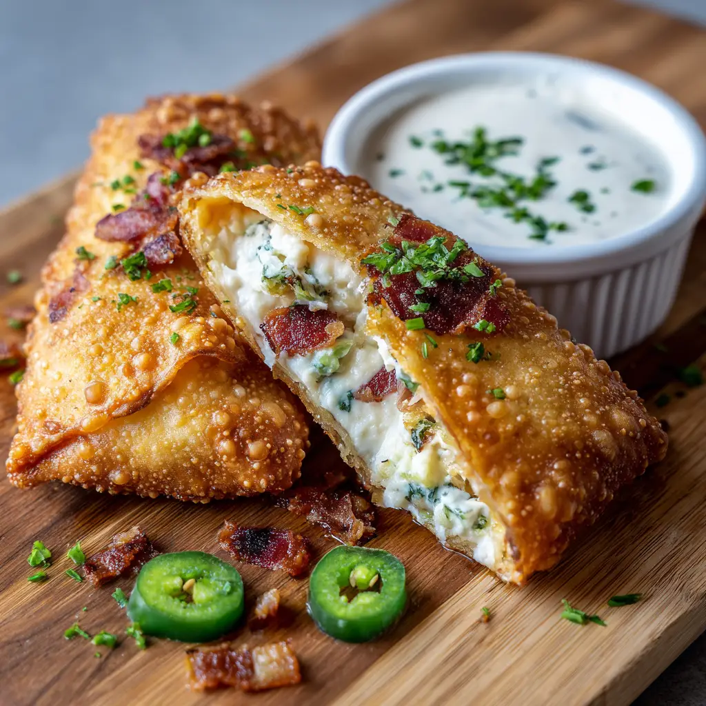 The Ultimate Bacon Jalapeno Popper Egg Rolls 1 A small white ramekin filled with creamy white ranch dipping sauce garnished with dried parsley sits next to sliced Bacon Jalapeno Popper Egg Rolls.