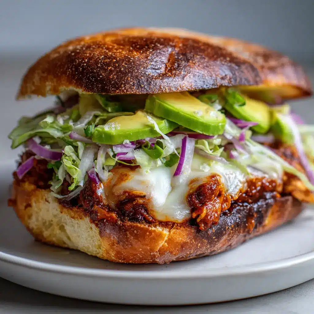 Close up shot of a massive chicken torta sandwich showing thick layers of dark brown refried beans and reddish-brown smoky chipotle chicken under glossy melted cheese.