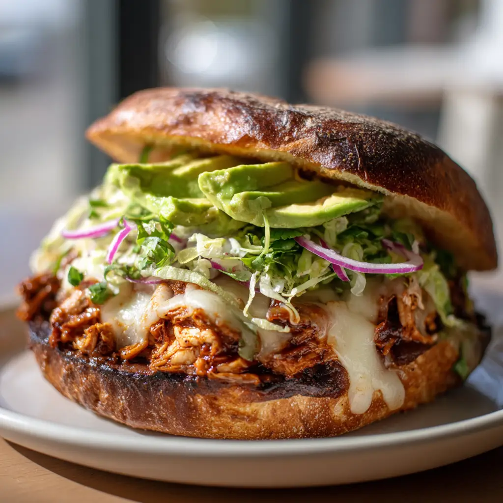 Top bun resting askew on a chicken torta sandwich, revealing bright green avocado slices, translucent purple onion, and crisp iceberg lettuce over melted cheese.
