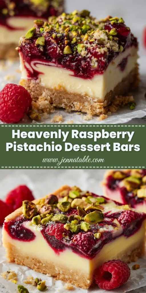 A close-up of a layered dessert bar cut into a square, featuring a buttery shortbread crust, pale-yellow creamy filling swirled with magenta raspberry jam, topped with fresh red raspberries and bright green roasted pistachios. (Raspberry Pistachio Bars)