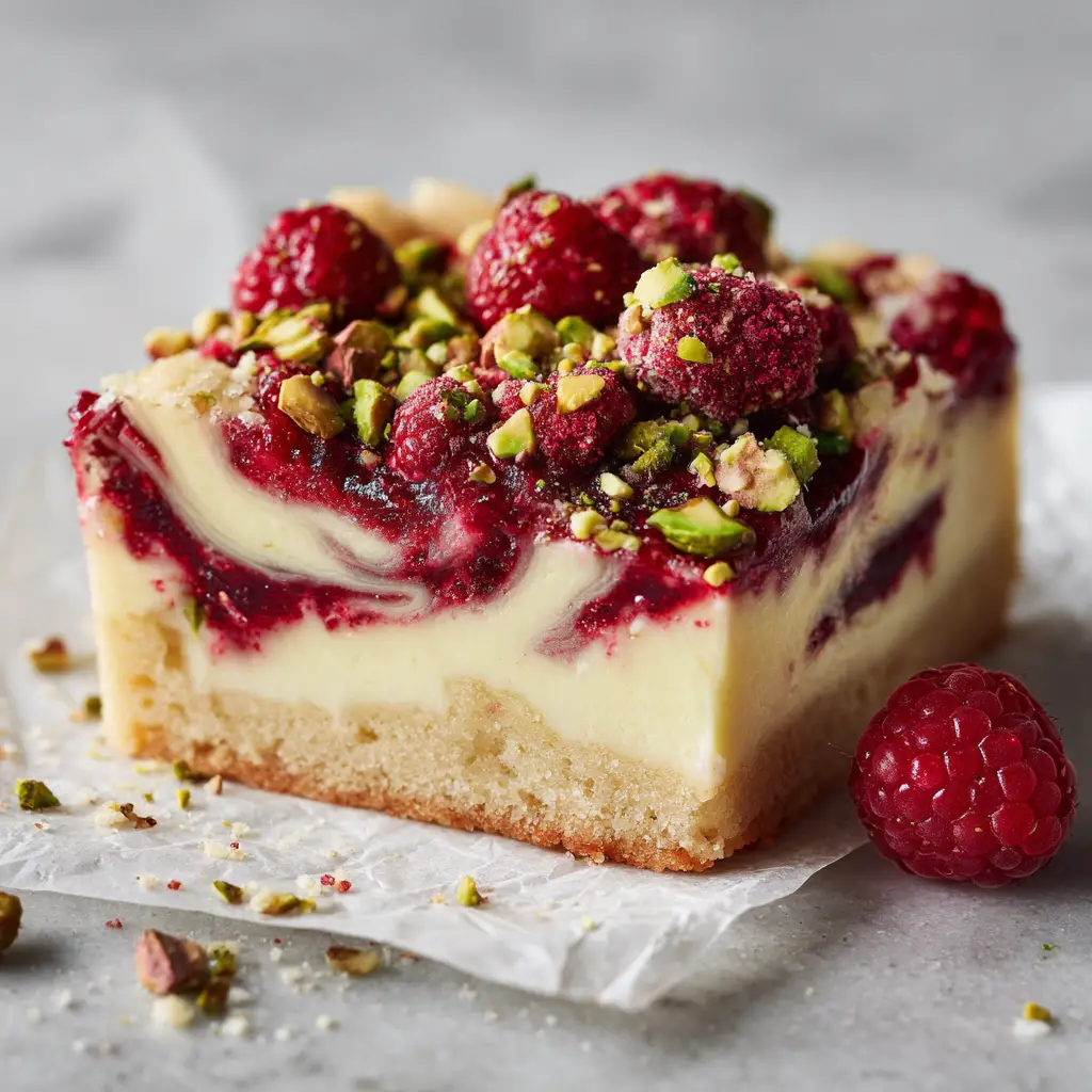 A close-up of a square Raspberry Pistachio Bar sitting on crinkled white parchment paper atop a light gray marble countertop.