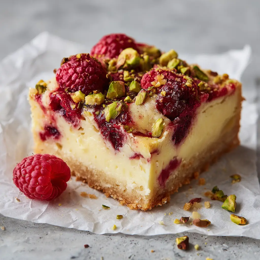 A layered dessert square topped with fresh red raspberries and bright green chopped pistachios, illuminated by soft natural daylight.