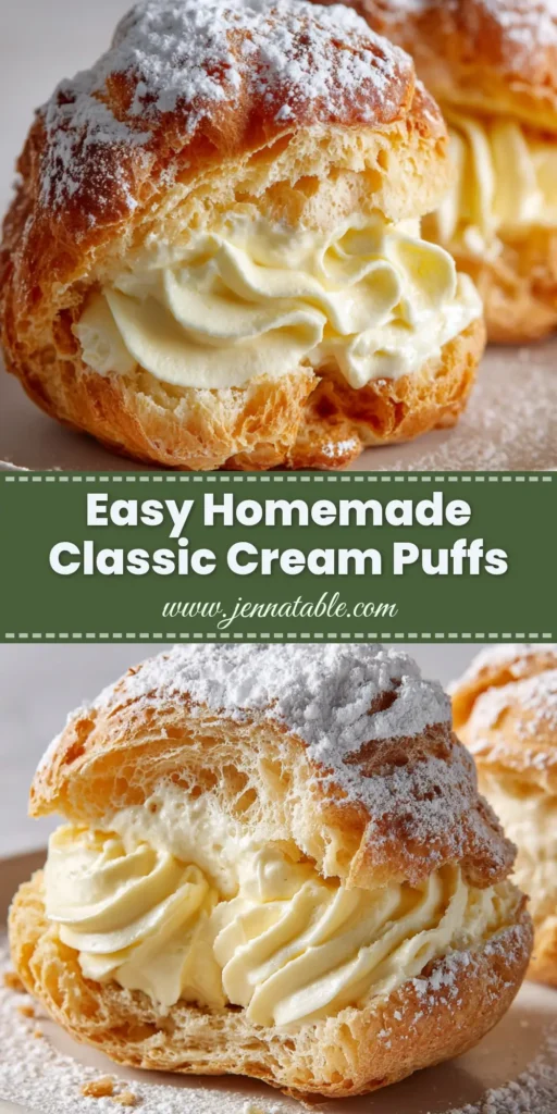 A perfect Classic Cream Puff Recipe halved on a white plate, showing a golden choux shell, thick vanilla cream filling, and powdered sugar dusting.