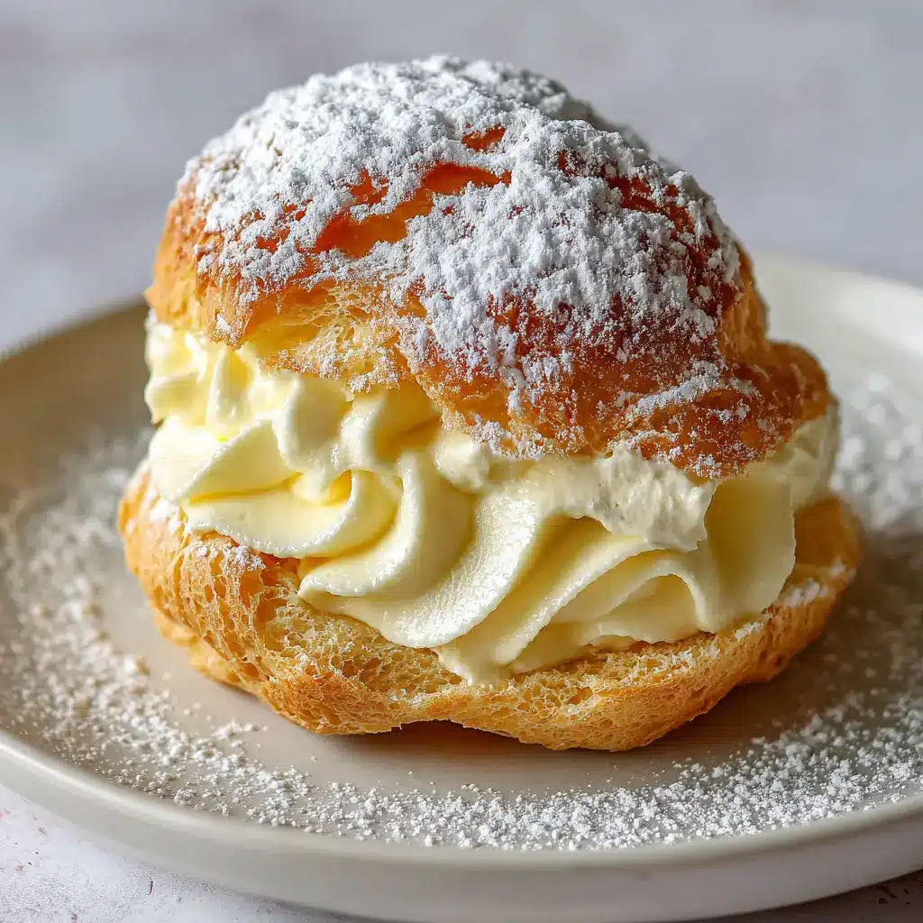 Close-up of a halved classic cream puff resting on a small round white ceramic dessert plate. (Classic Cream Puff Recipe)