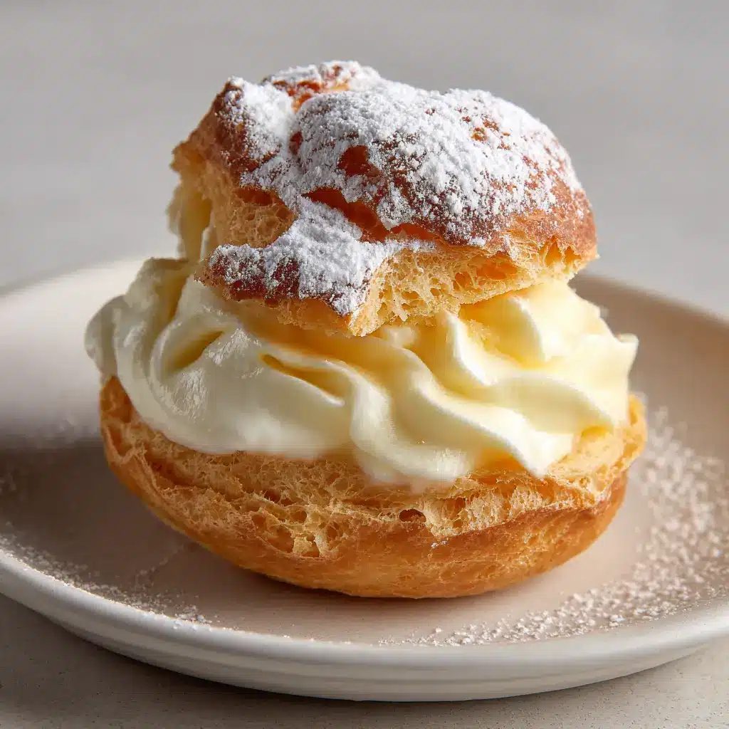A thick, generous swirl of pale yellow velvety vanilla pastry cream piped into a crisp choux pastry shell.