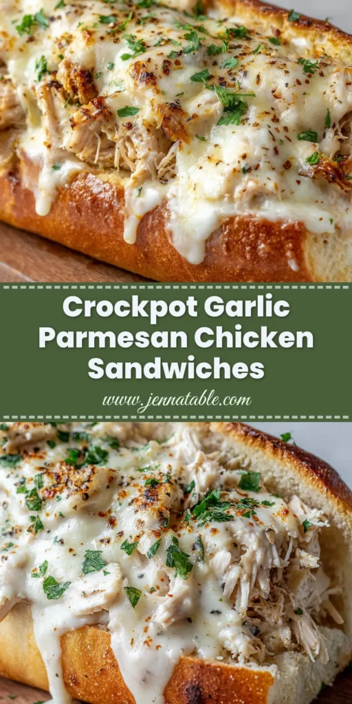 A close-up food photography shot of an open toasted sub roll piled high with juicy Slow Cooker Garlic Parmesan Chicken, covered in thick, bubbly melted mozzarella cheese.