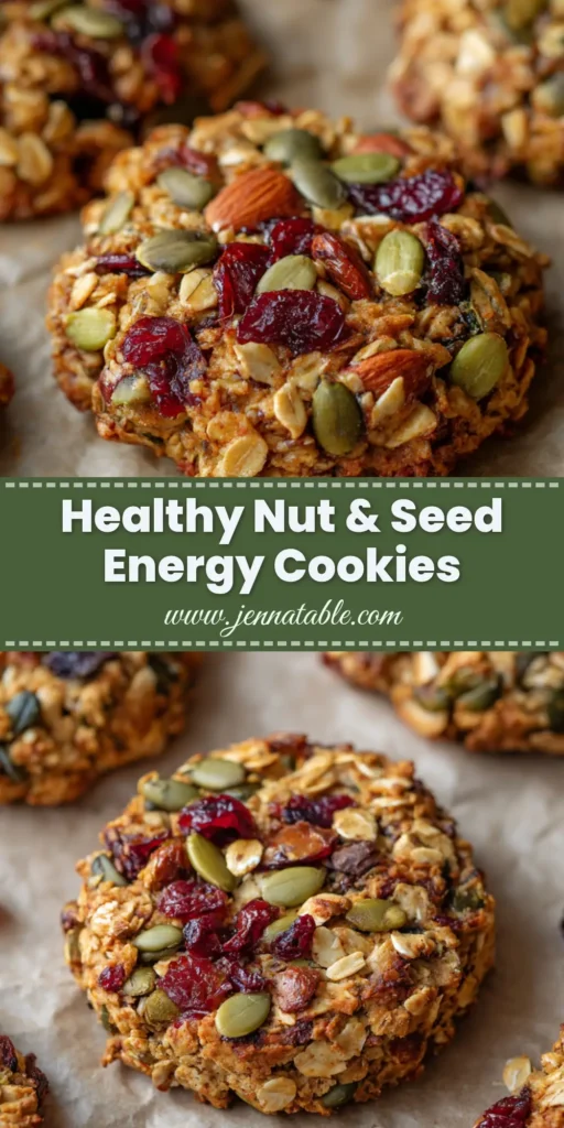 A stack of thick, chunky Healthy Energy Cookies loaded with roasted seeds, nuts, and dark red dried cranberries on a wooden board.