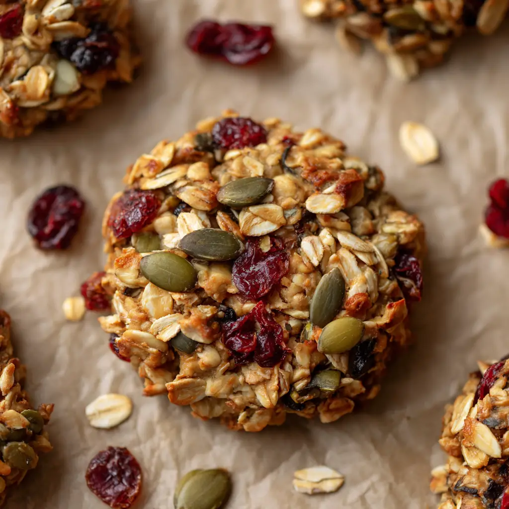 Detailed view of baked rolled oats securely binding together pumpkin seeds, sunflower seeds, almonds, and cranberries.
