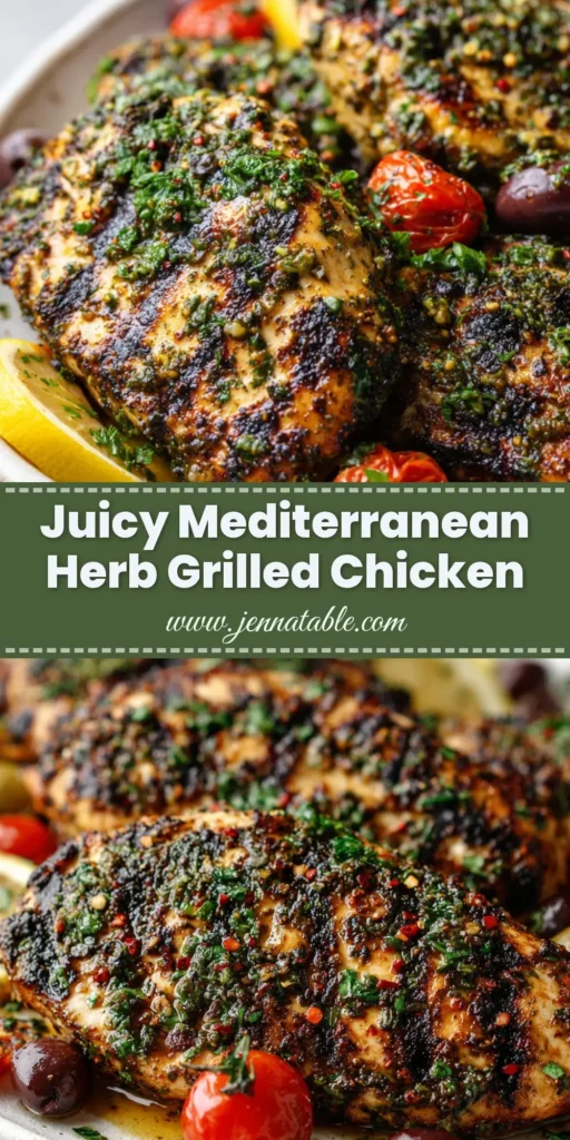 A close-up of Mediterranean Grilled Chicken with a thick herb crust, deep grill marks, blistered tomatoes, kalamata olives, and fresh lemon wedges on a rustic white plate.