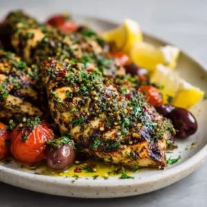 Thick green herb and spice crust sizzling on perfectly seared Mediterranean Grilled Chicken.