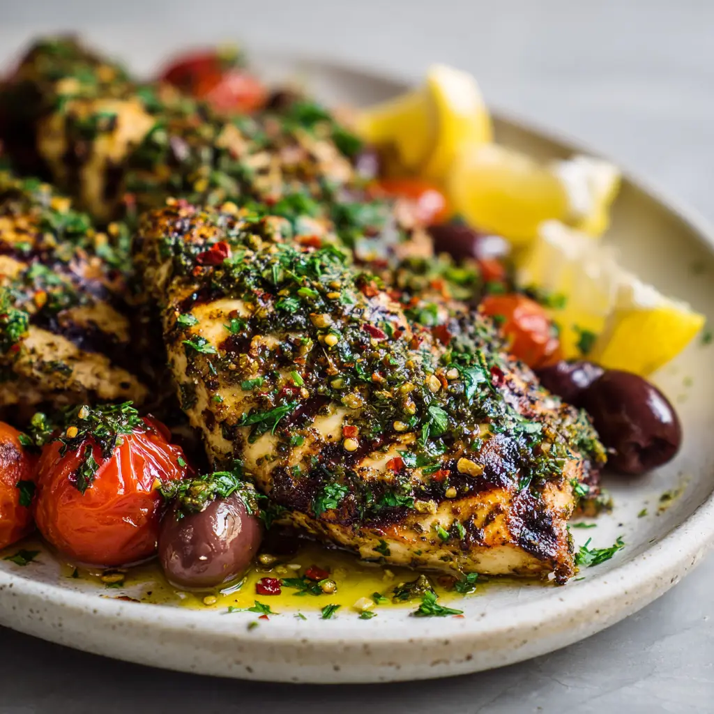 Thick green herb and spice crust sizzling on perfectly seared Mediterranean Grilled Chicken.