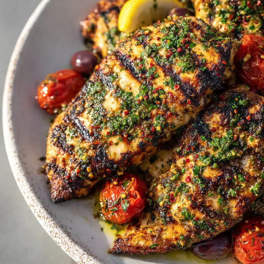 Glistening juicy Mediterranean Grilled Chicken served alongside blistered cherry tomatoes and lemon wedges.
