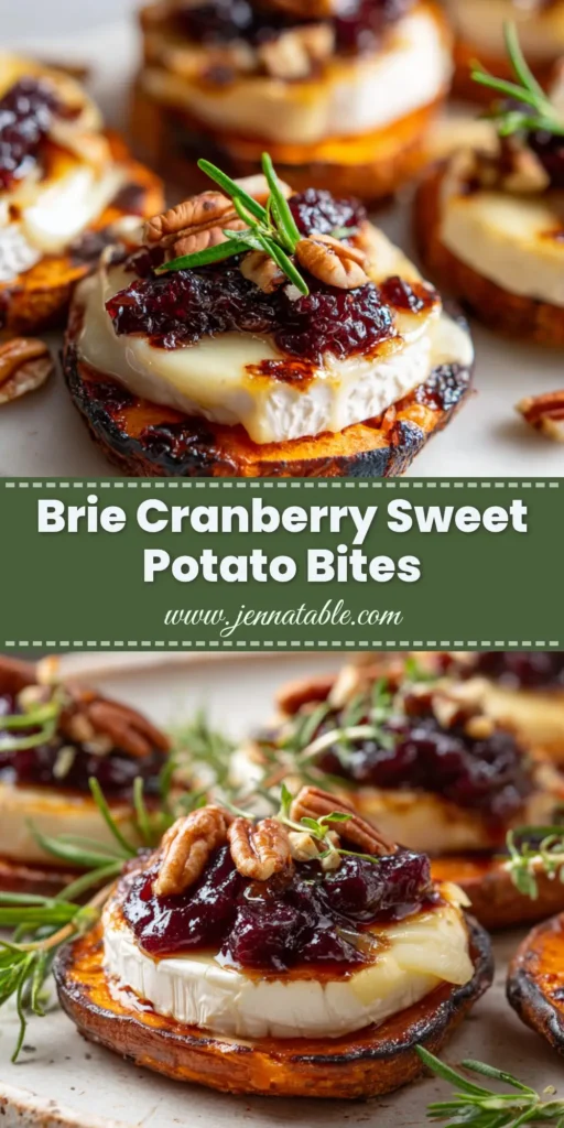 Close-up of perfectly roasted Sweet Potato Bites topped with gooey melted brie, dark red cranberry sauce, toasted pecans, and a fresh rosemary sprig.