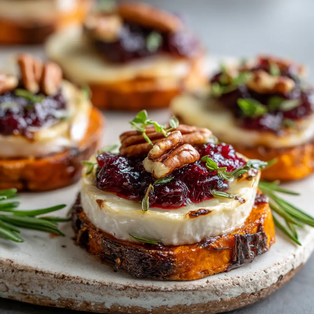 Handheld smartphone photo of a single roasted sweet potato round with caramelized edges, melted brie, and cranberry sauce on a rustic white ceramic platter.