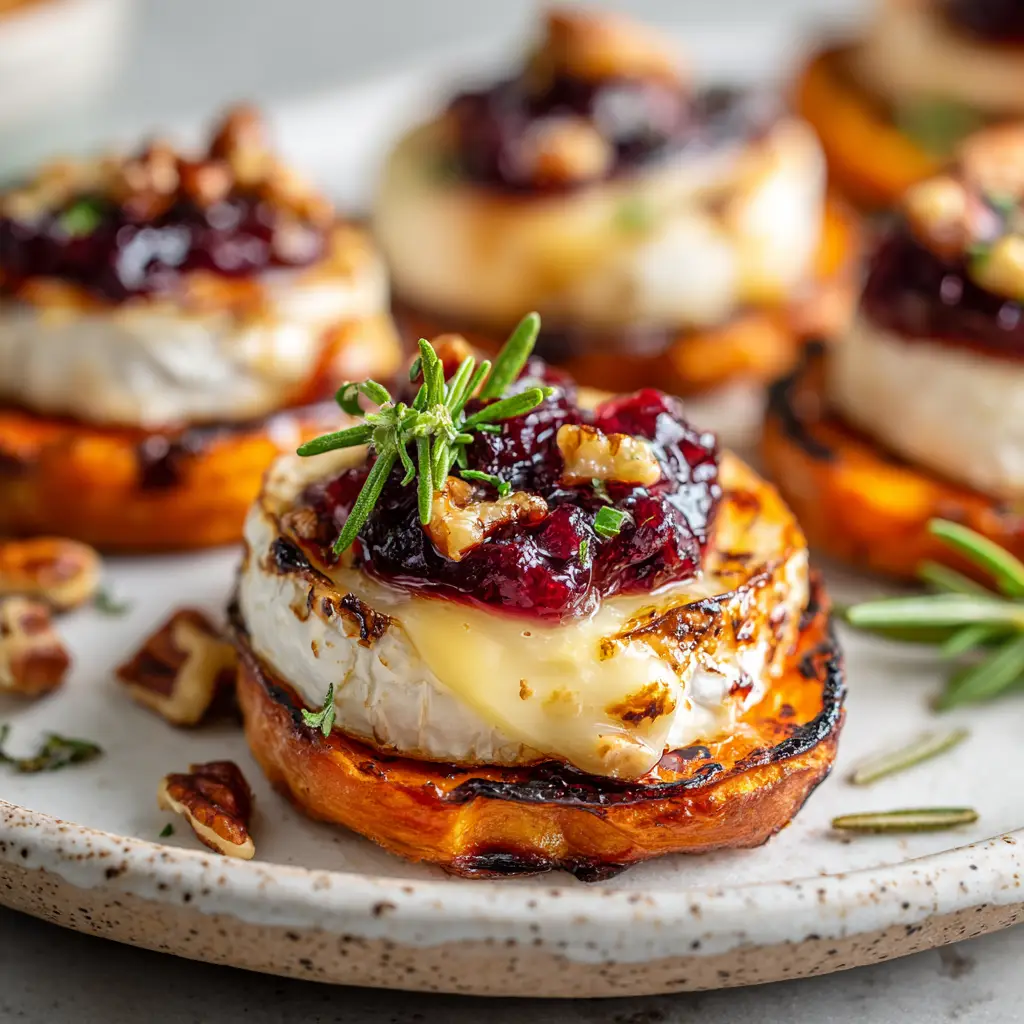 A neutral background highlights the vibrant colors of sweet potato bites topped with bright red cranberry sauce, crunchy pecans, and green rosemary sprigs.