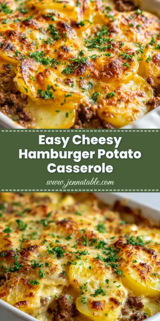 A freshly baked Hamburger Potato Casserole in a white ceramic dish, featuring layered sliced potatoes, crumbly ground beef, a thick creamy sauce, and a bubbly golden-brown cheddar cheese crust garnished with fresh parsley.
