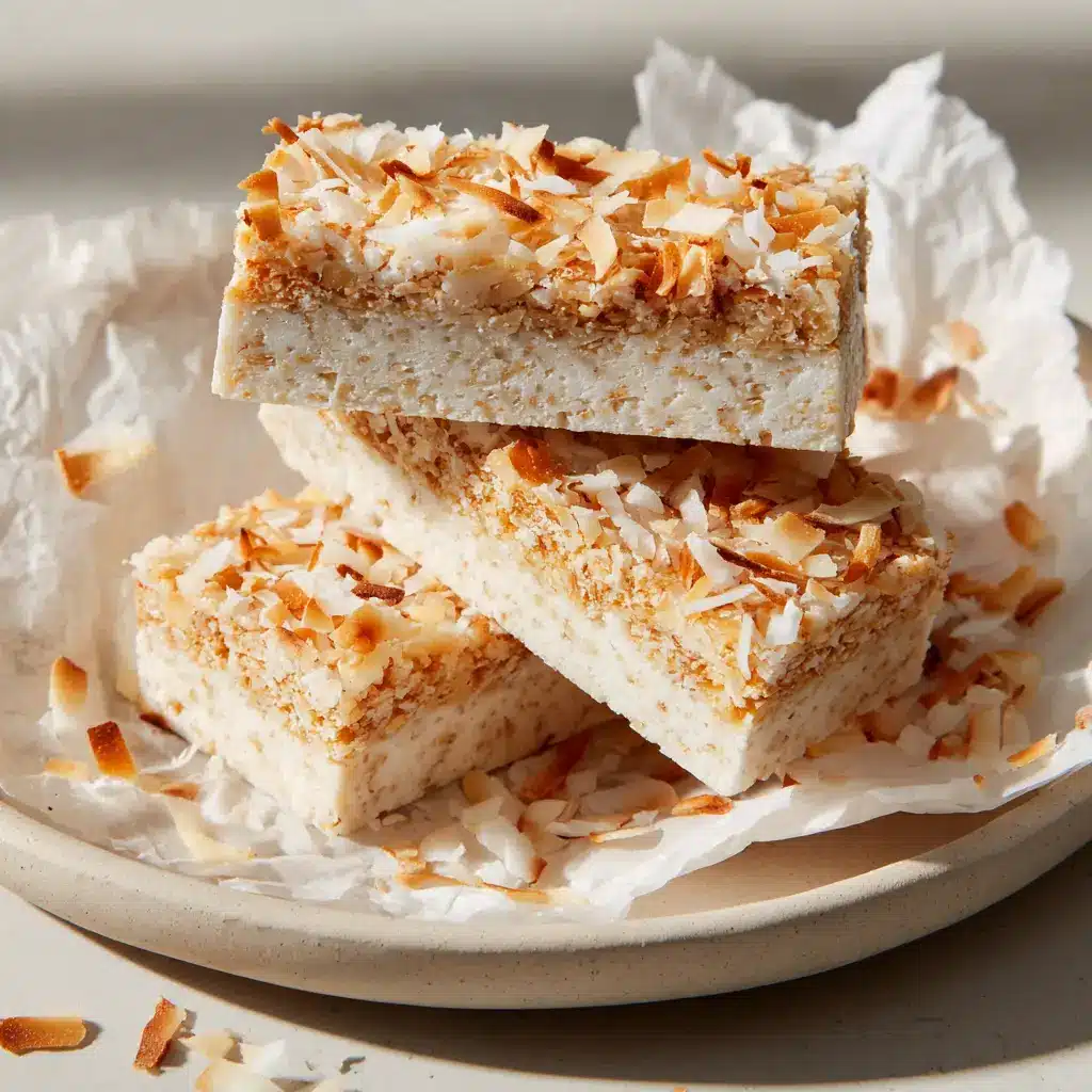 Overhead view of Coconut Vanilla Protein Bars displaying a thick layer of golden-brown toasted coconut flakes scattered on a light neutral ceramic plate.