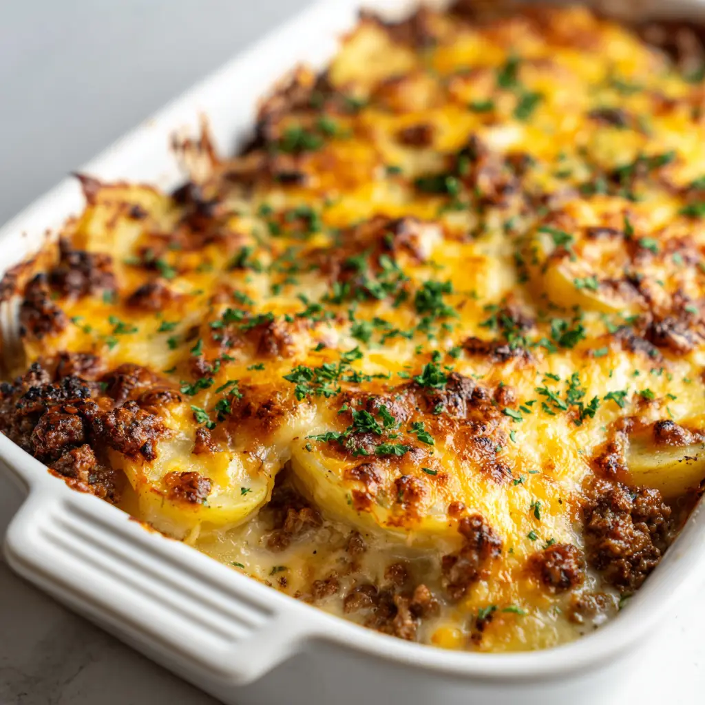 Close-up of a freshly baked cheesy hamburger potato casserole in a rectangular white ceramic baking dish, showing glossy melted golden-brown cheese and slightly crispy charred edges.