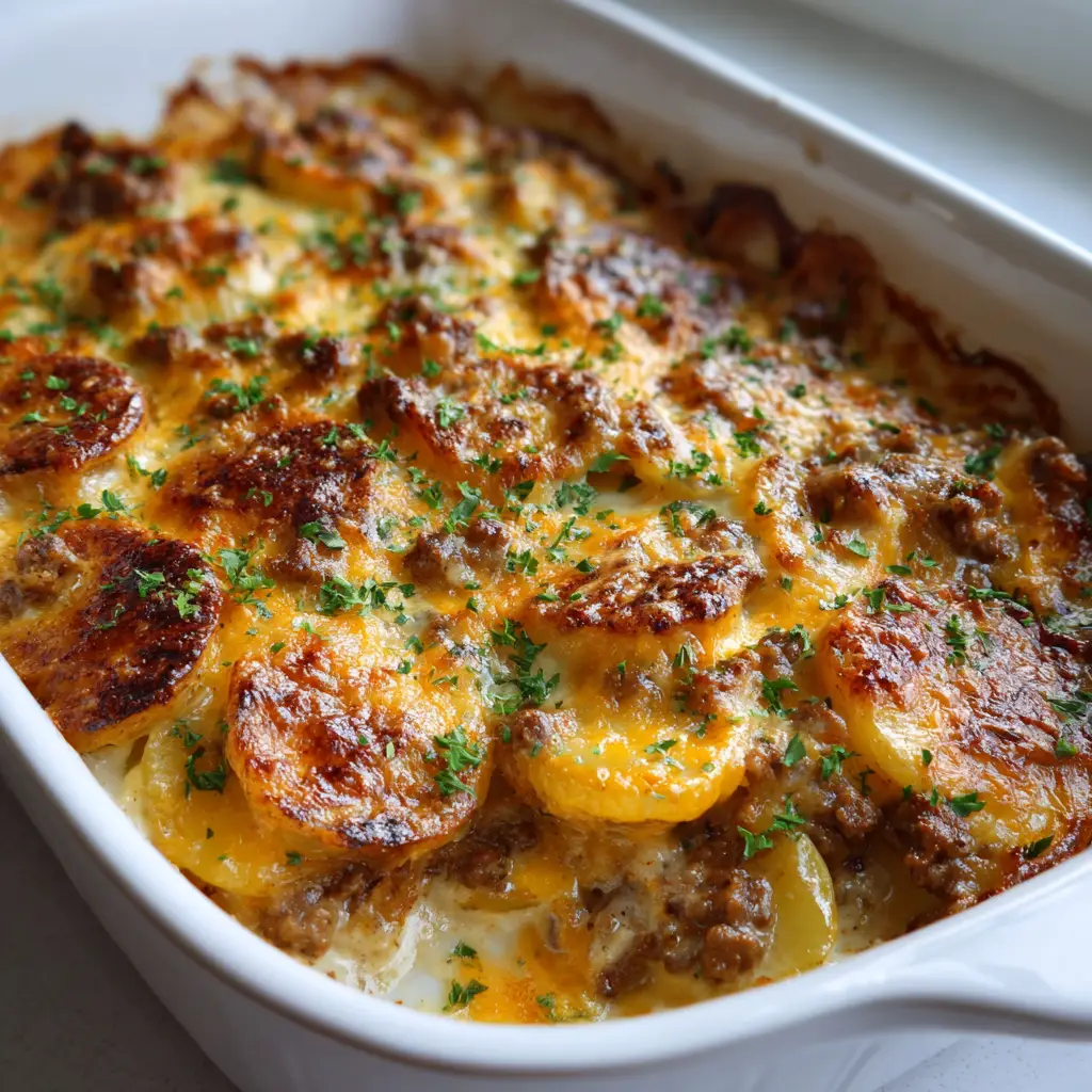 Close-up detail of the Hamburger Potato Casserole base, showing tender thinly sliced yellow potatoes layered with crumbly ground beef coated in a creamy pale-yellow sauce.
