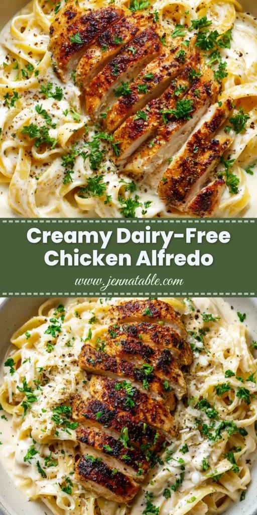 A close-up overhead view of a shallow white ceramic bowl filled with cooked fettuccine pasta heavily coated in a smooth, opaque white creamy dairy-free sauce topped with seared chicken. (Dairy-Free Chicken Alfredo)