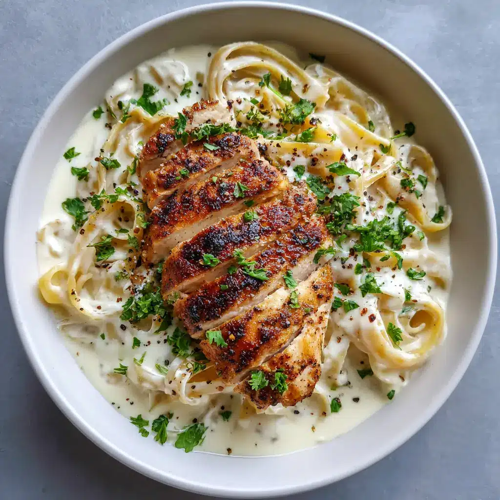 Overhead view of fettuccine coated in dairy-free alfredo sauce with sliced charred chicken breast. (Dairy-Free Chicken Alfredo)