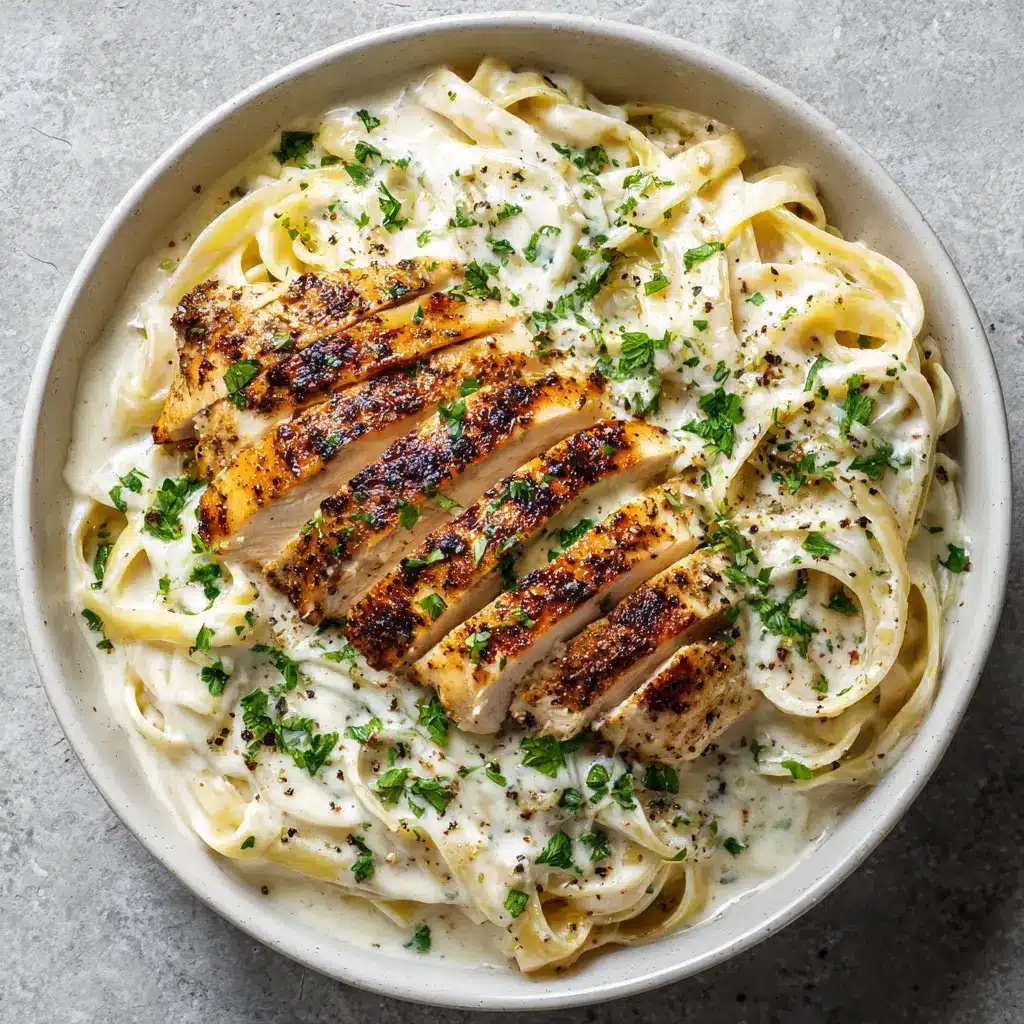 Close-up of freshly chopped bright green flat-leaf parsley and coarse black pepper flakes over dairy-free chicken alfredo.