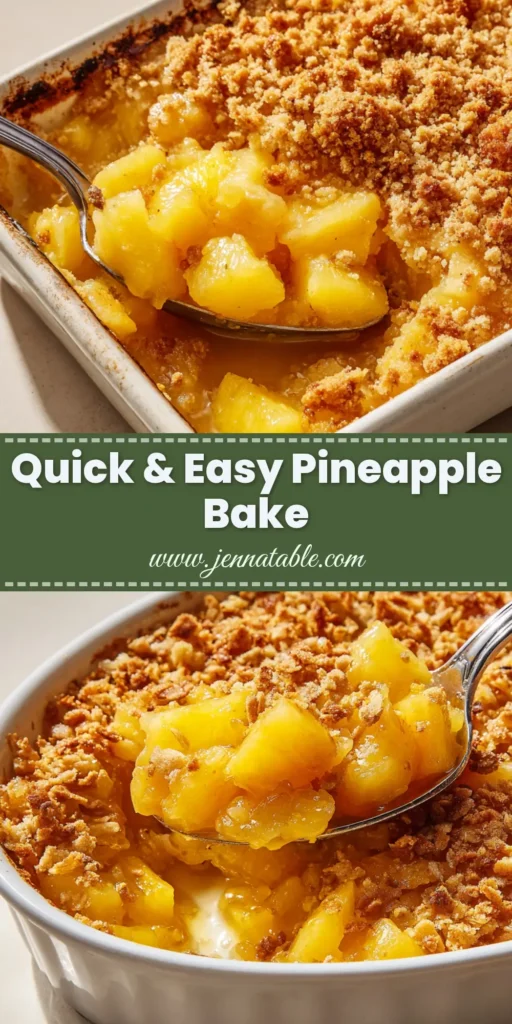 A bubbling Pineapple Bake in a white ceramic dish, featuring bright yellow fruit beneath a golden-brown toasted cracker streusel.