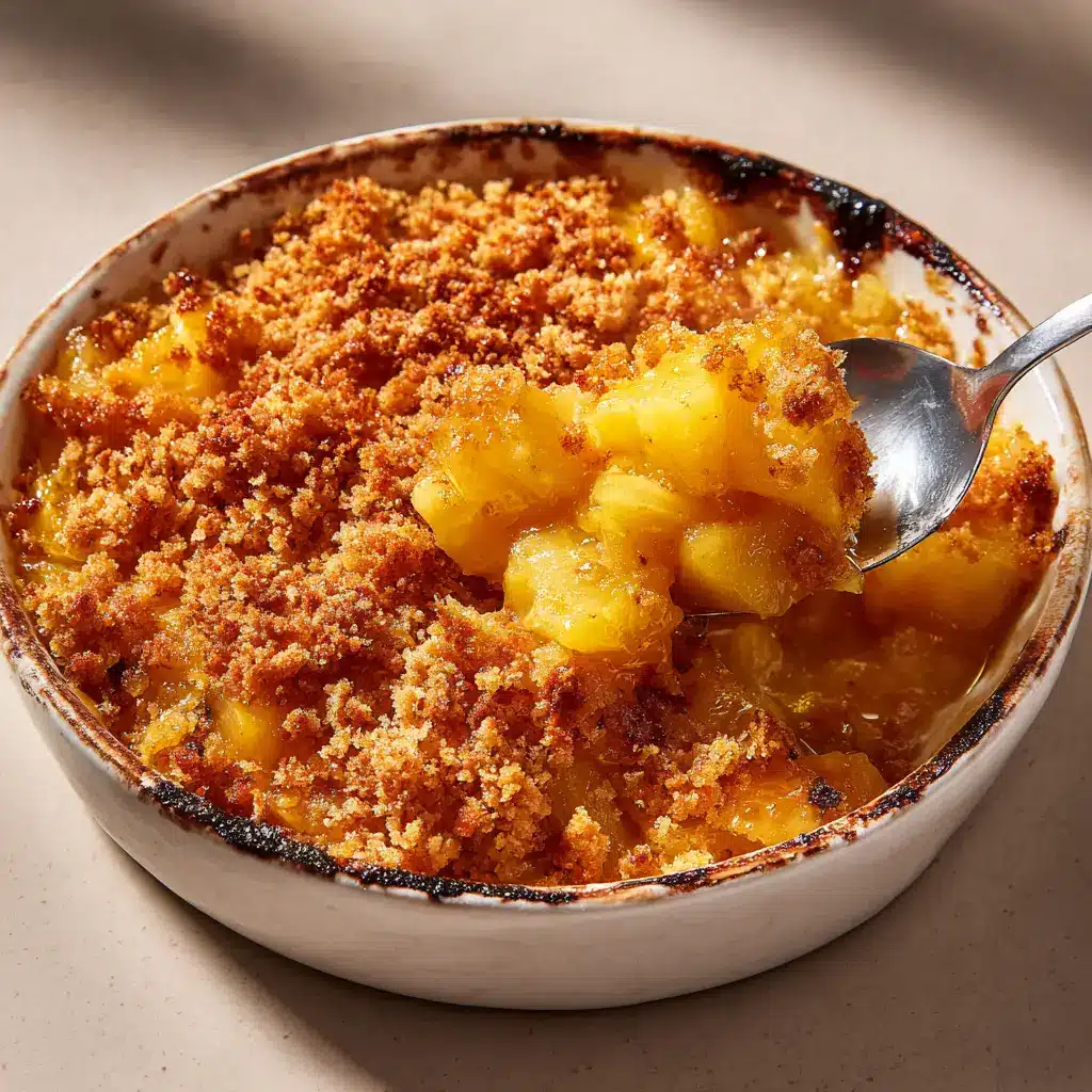 Top view of a rustic white ceramic dish filled with baked pineapple casserole, showcasing charred and caramelized edges around the inner rim.
