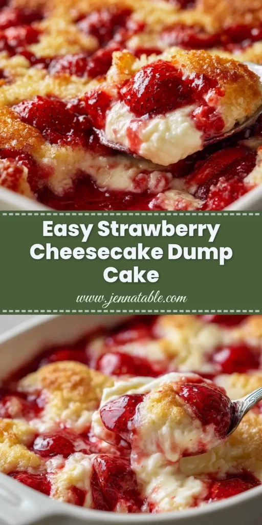 A close-up of a silver spoon scooping into a freshly baked Strawberry Cheesecake Dump Cake, revealing a gooey red fruit filling and melted cream cheese.