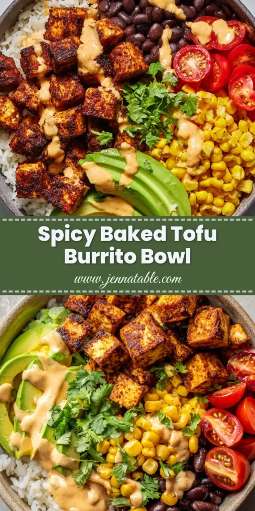 A close-up view of a spicy baked tofu burrito bowl with fluffy white rice, crispy spiced tofu, plump black beans, roasted yellow corn, fresh avocado, cherry tomatoes, and a creamy light orange chipotle sauce drizzle.
